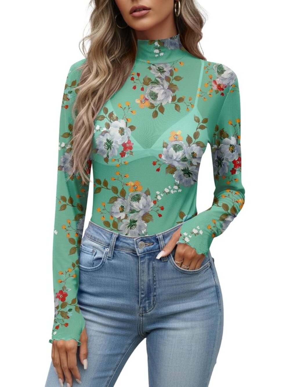 Women's Mint Green Polyester Mesh Top Blouse Party Clubwear Long Sleeve Shirt
